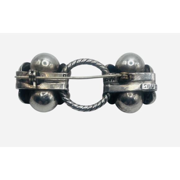 Silver and Turquoise Vintage Pin 2” x .75” with 2 Flower Design & Circle Center - Picture 2 of 5